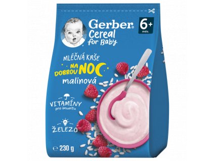 GERBER Cereal mléčná kaše malinová Dobrou noc 9x230g