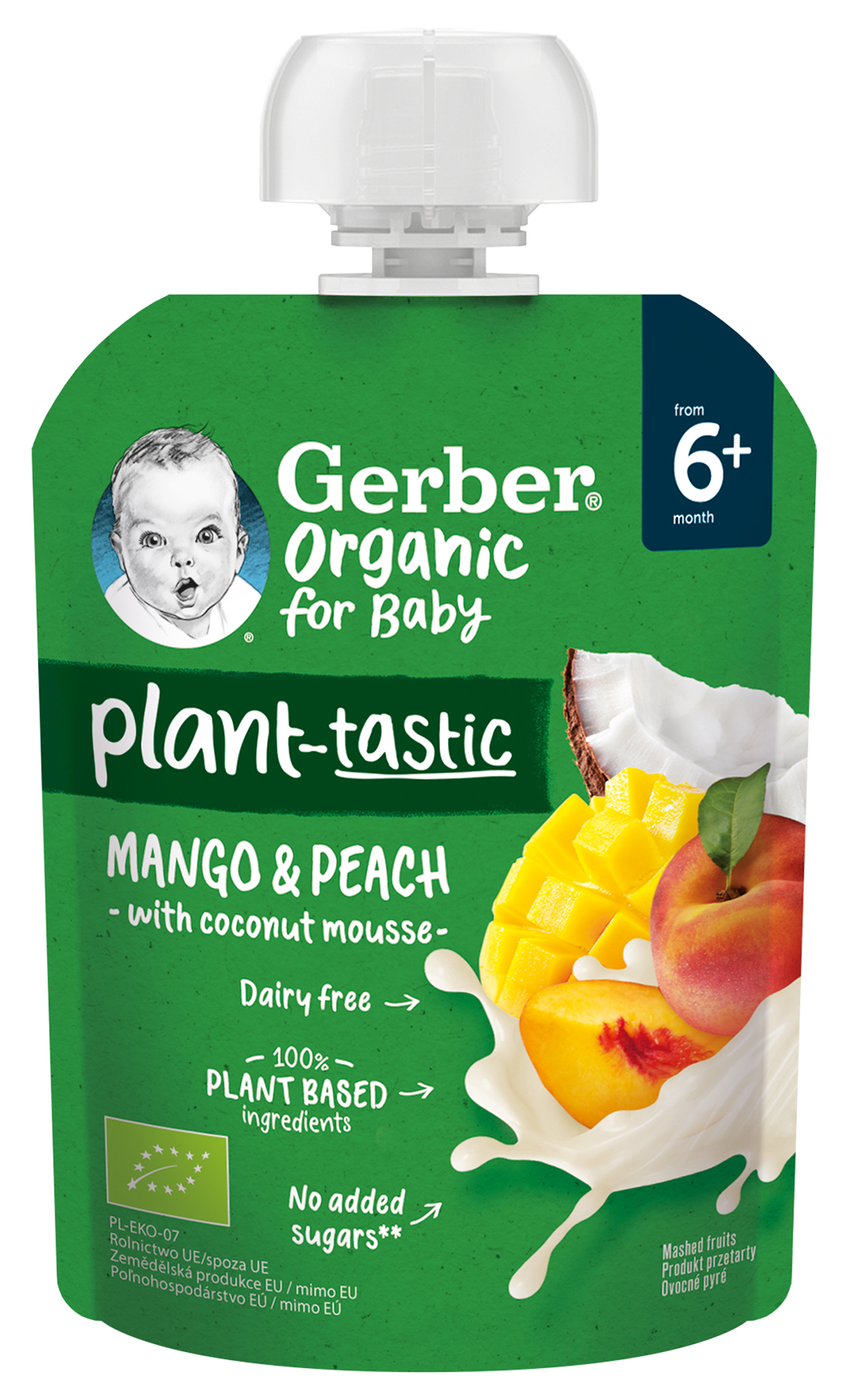 GERBER Organic ovocná kapsička mango a broskev s kokosovým mlékem 80g
