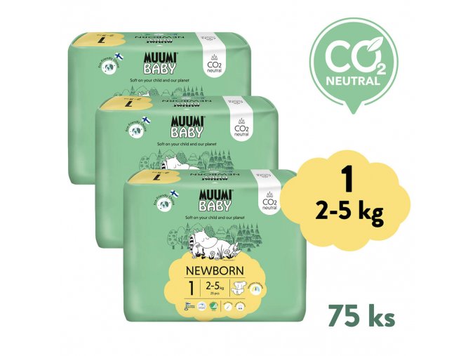 Muumi Baby 1 Newborn 2-5 kg (75 ks), měsíční balení eko plen