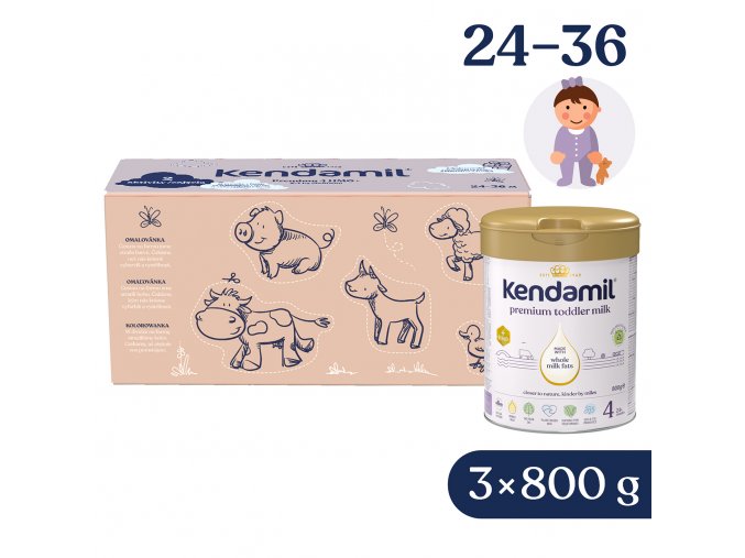 Kendamil Premium 4 HMO+, 2,4 kg (3× 800 g), kreativní balení s dárkem