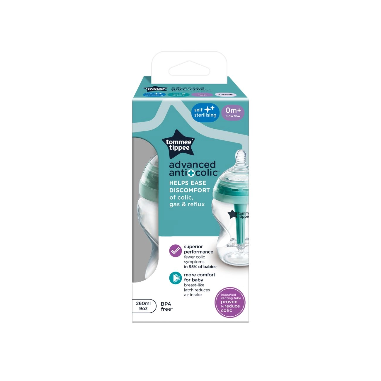 Tommee Tippee Advanced Anti-Colic Samosterilizační kojenecká lahev Pomalý Průtok (260 ml), 0 m+