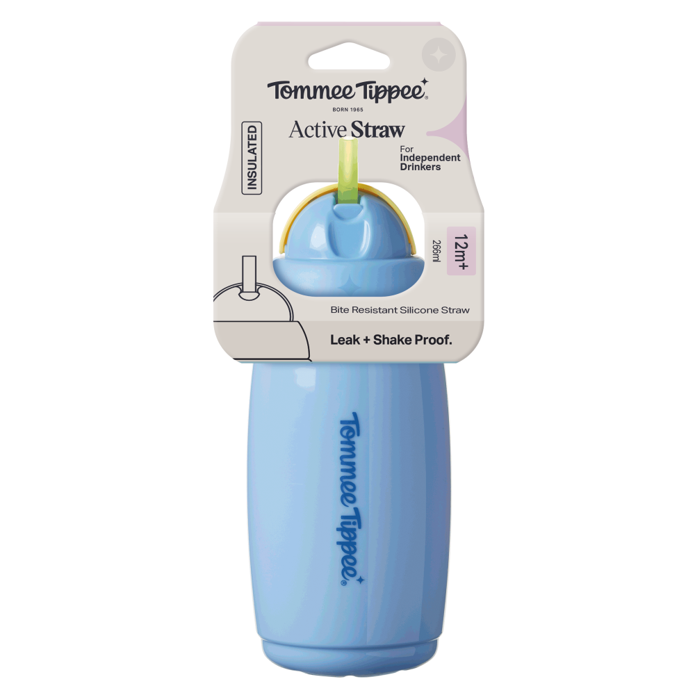 Levně Tommee Tippee Active hrneček s brčkem, 266 ml, 12m+, modrý
