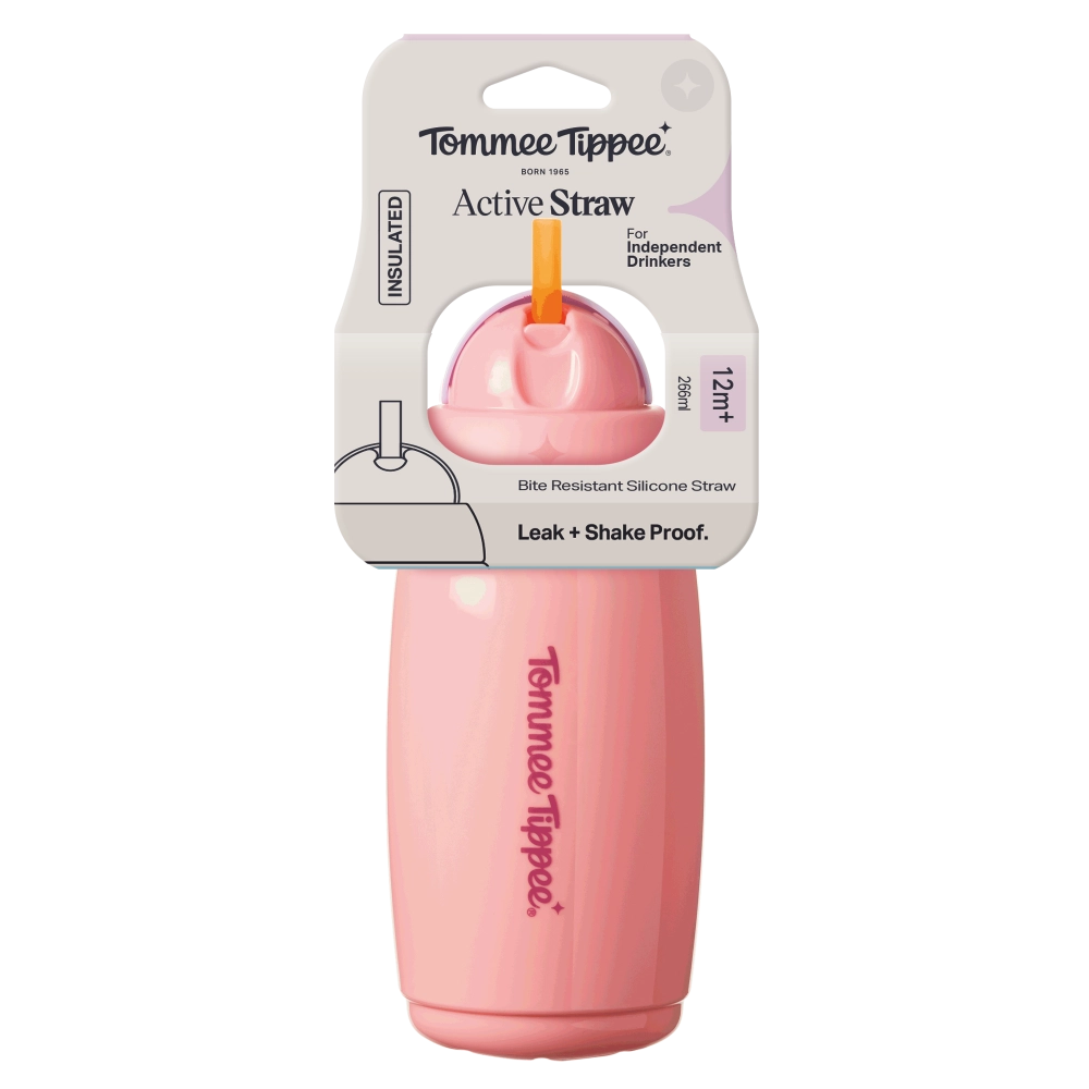Tommee Tippee Active hrneček s brčkem, 266 ml, 12m+, růžový