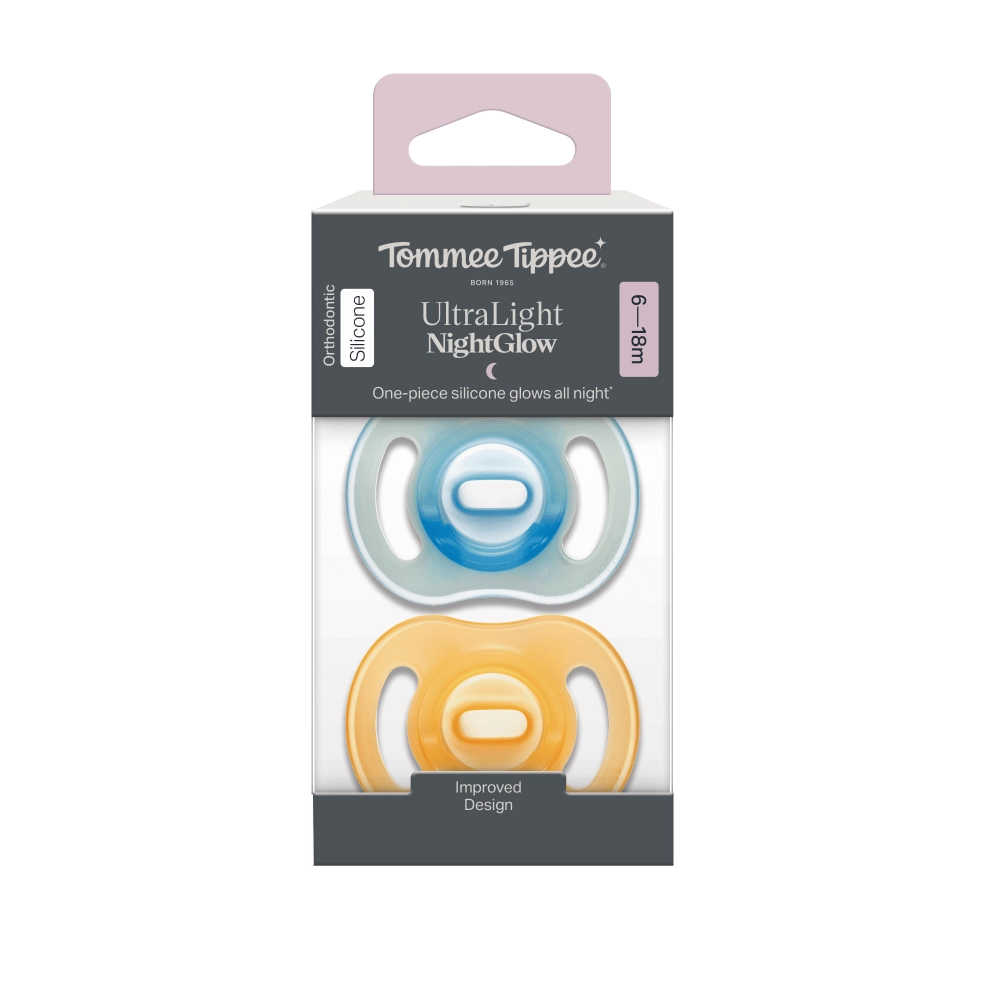 Tommee Tippee Ultra-light Night silikonový dudlík, 0-6m, 2 ks, oranžová a modrá