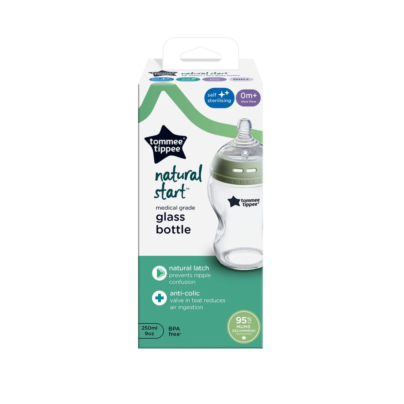 Tommee Tippee Natural Start Skleněná Samosterilizační Kojenecká Lahev s ANTI-COLIC savičkou Pomalý Průtok 250 ml, 0m+