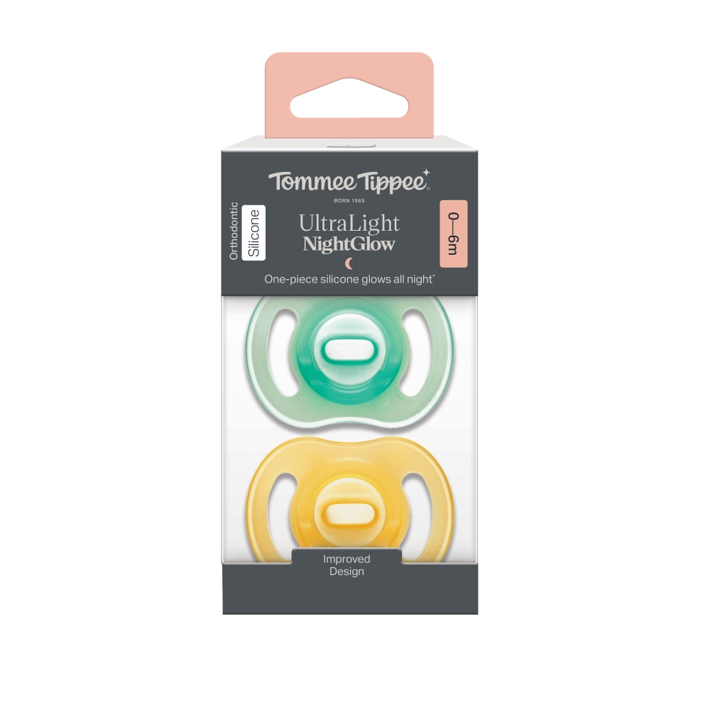 Tommee Tippee Ultra-light Night silikonový dudlík, 0-6m, 2 ks, žlutá a zelená