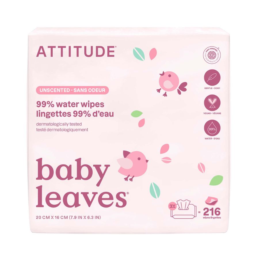 Levně Vlhčené ubrousky ATTITUDE Baby Leaves bez vůně - výhodné balení (3 x 72 ks)