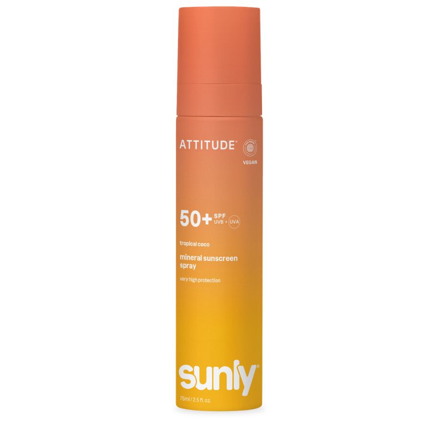 Minerální opalovací krém ve spreji ATTITUDE Sunly (SPF 50) s vůní tropického kokosu 75 ml