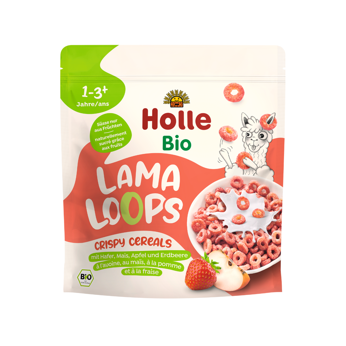 Holle Bio Lama Loops - křupavé cereální kroužky s jahodou a jablkem (125 g)