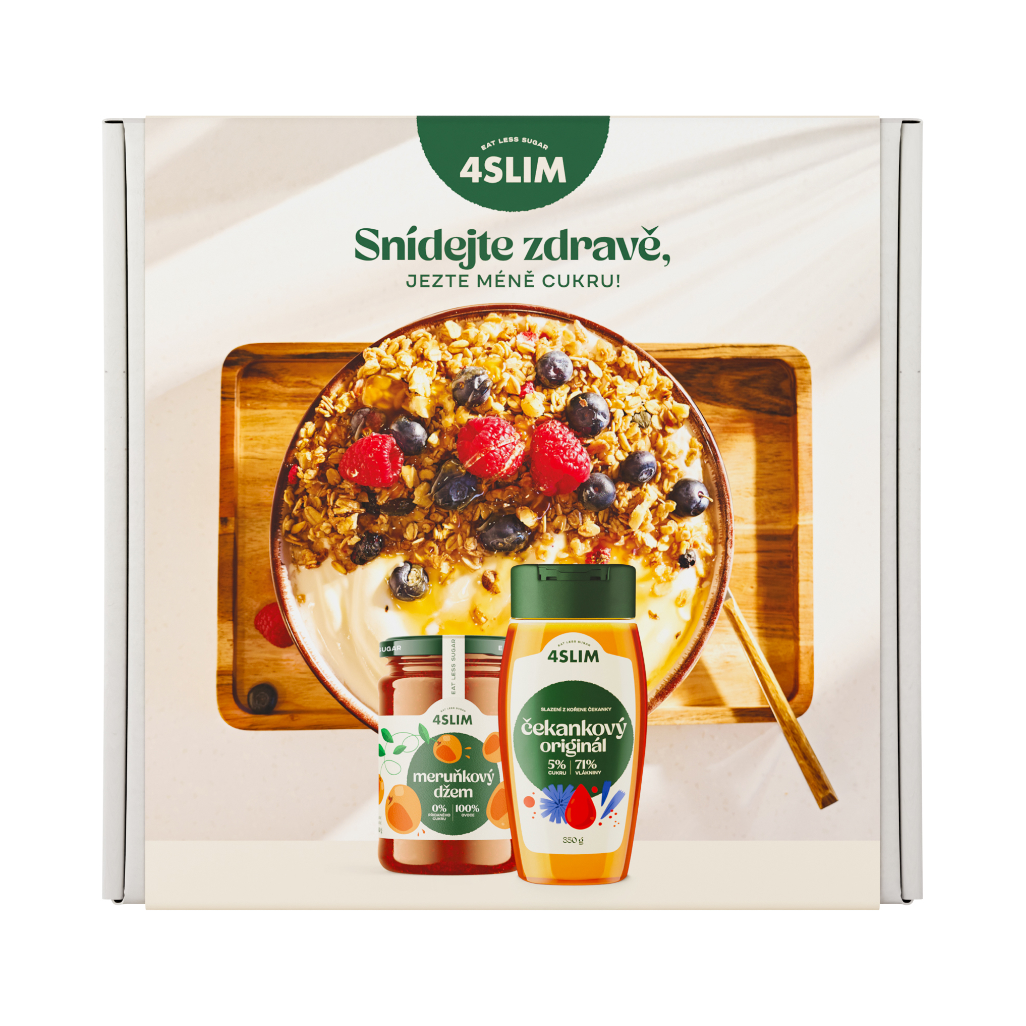 4Slim balíček Zdravá snídaně / Čekankový originál (350 g) & meruňkový džem 100% ovoce bez přidaného cukru (280 g)