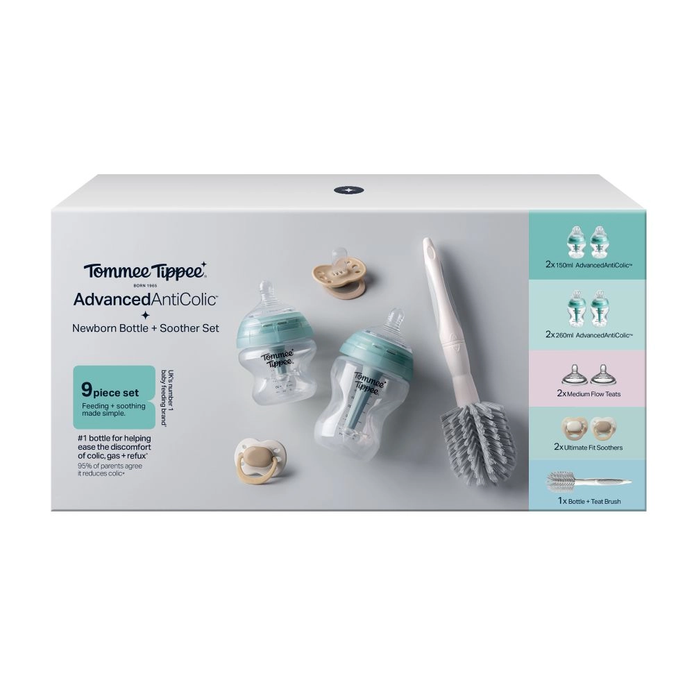 Tommee Tippee Advanced ANTI-COLIC novorozenecký starter kit samosterilizačních lahviček, extra pomalý a pomalý průtok, 150 ml a 260 ml, 0m+, bíla a zelená