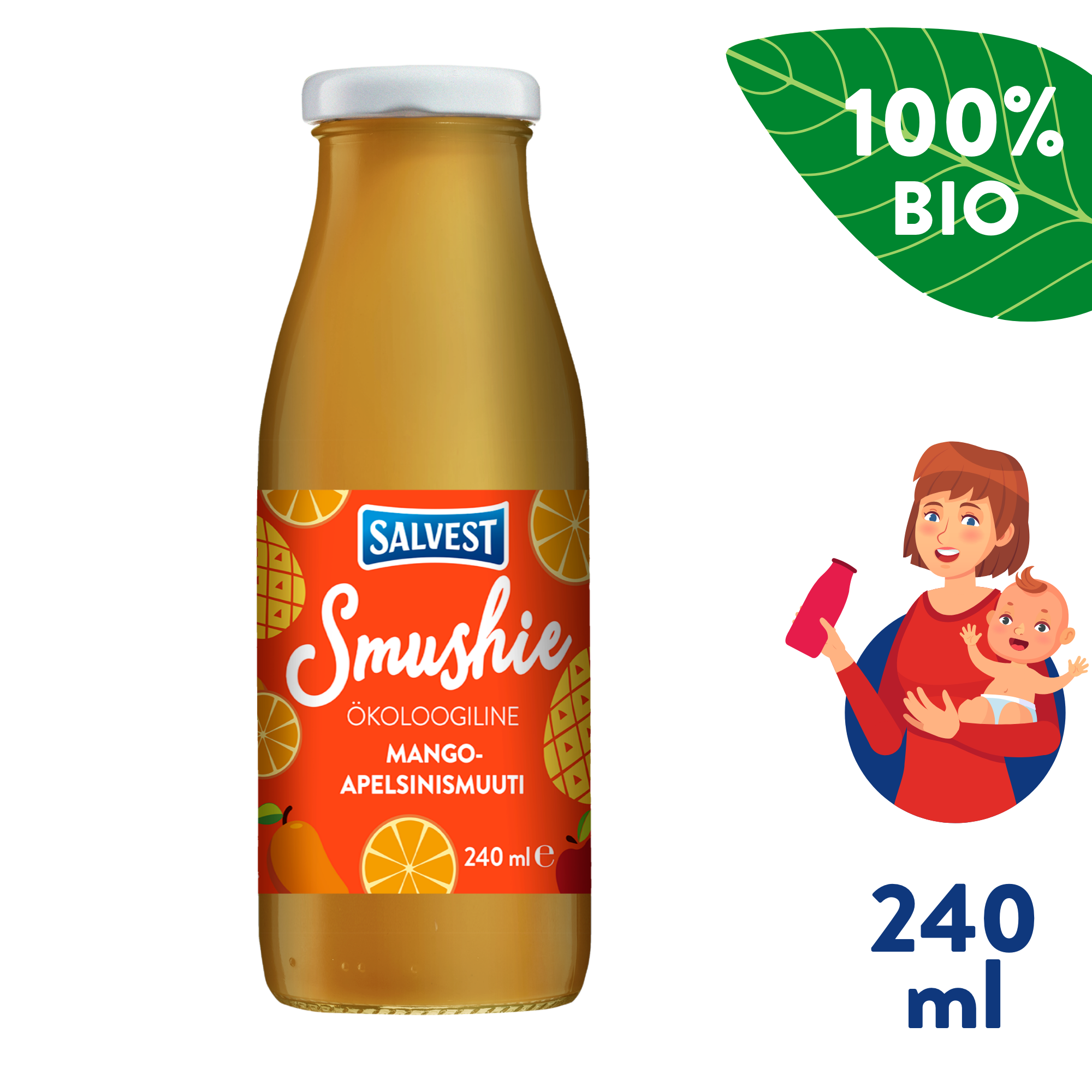 SALVEST Smushie BIO Ovocné smoothie s mangem, ananasem a pomerančovou dužinou (240 ml)