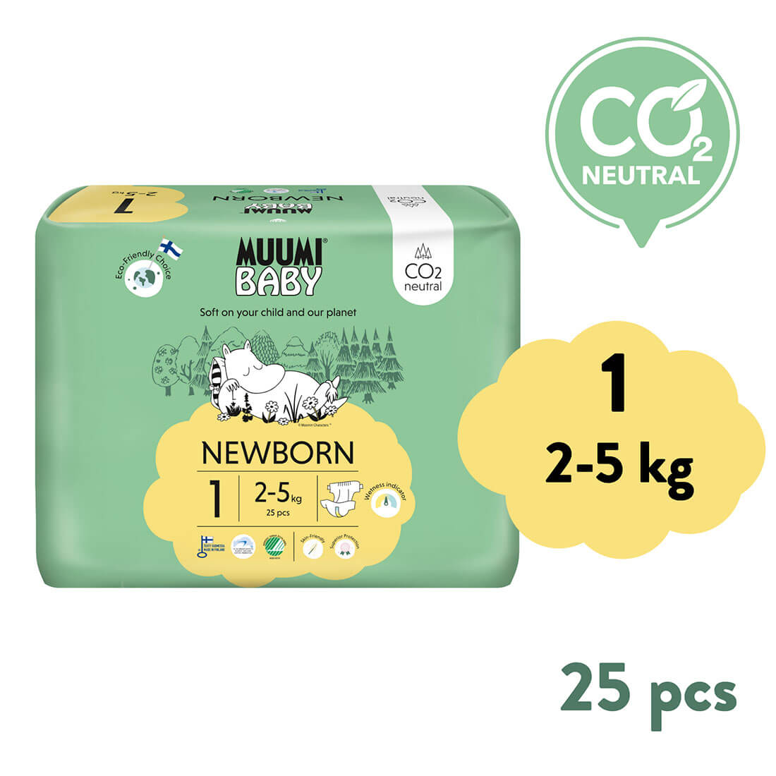 Muumi Baby 1 Newborn 2–5 kg (25 ks), eko pleny Muumi Baby 1 Newborn 2–5 kg (25 ks), eko pleny