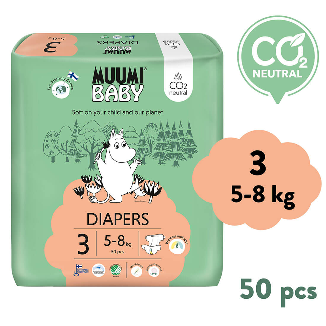Muumi Baby 3 Midi 5–8 kg (50 ks), eko pleny Muumi Baby 3 Midi 5–8 kg (50 ks), eko pleny