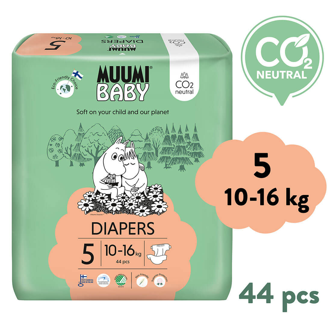 Muumi Baby 5 Maxi+ 10–16 kg (44 ks), eko pleny