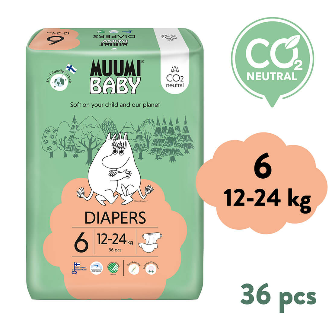 Muumi Baby 6 Junior 12–24 kg (36 ks), eko pleny Muumi Baby 6 Junior 12–24 kg (36 ks), eko pleny