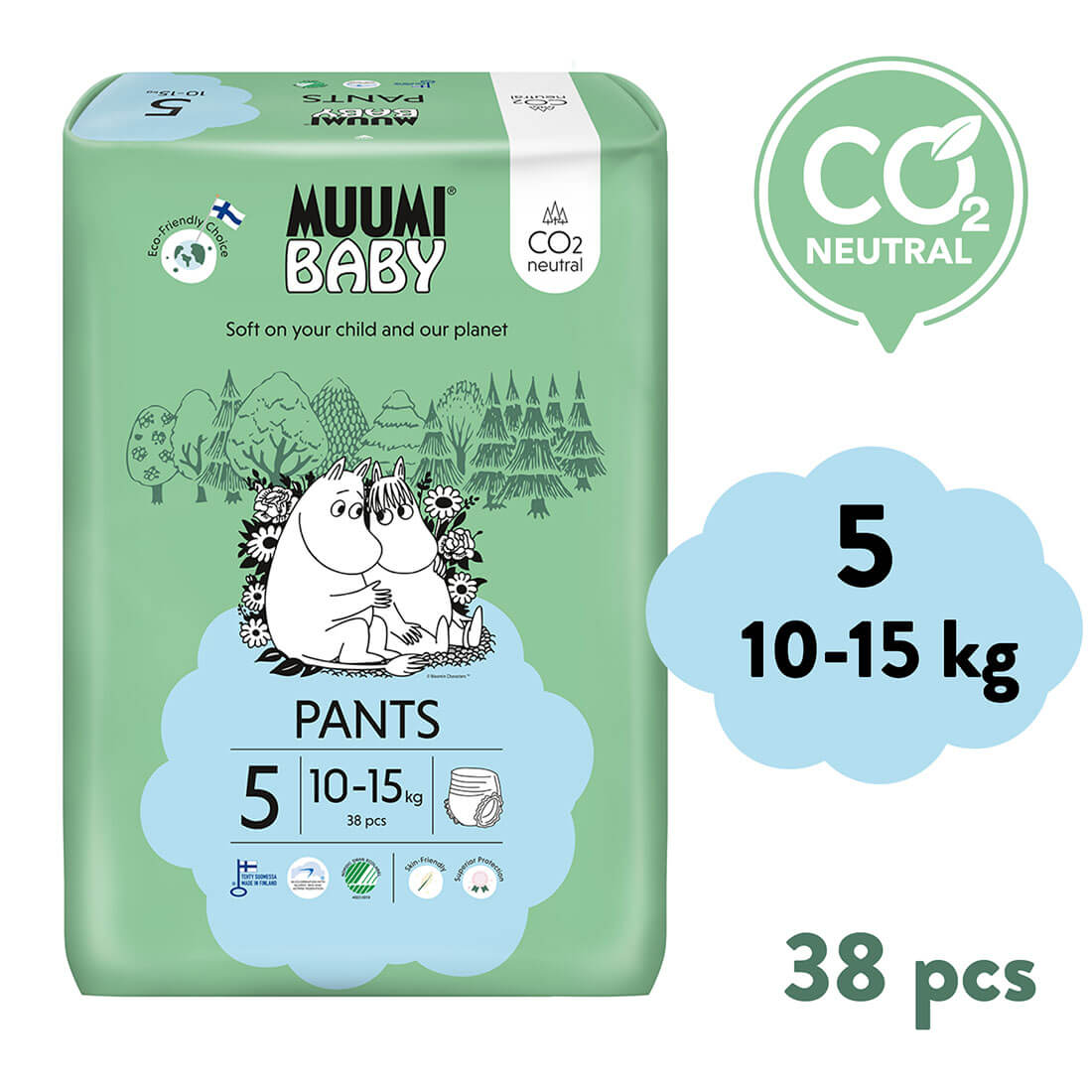 Muumi Baby Pants 5 Maxi+ 10-15 kg (38 ks), kalhotkové eko pleny