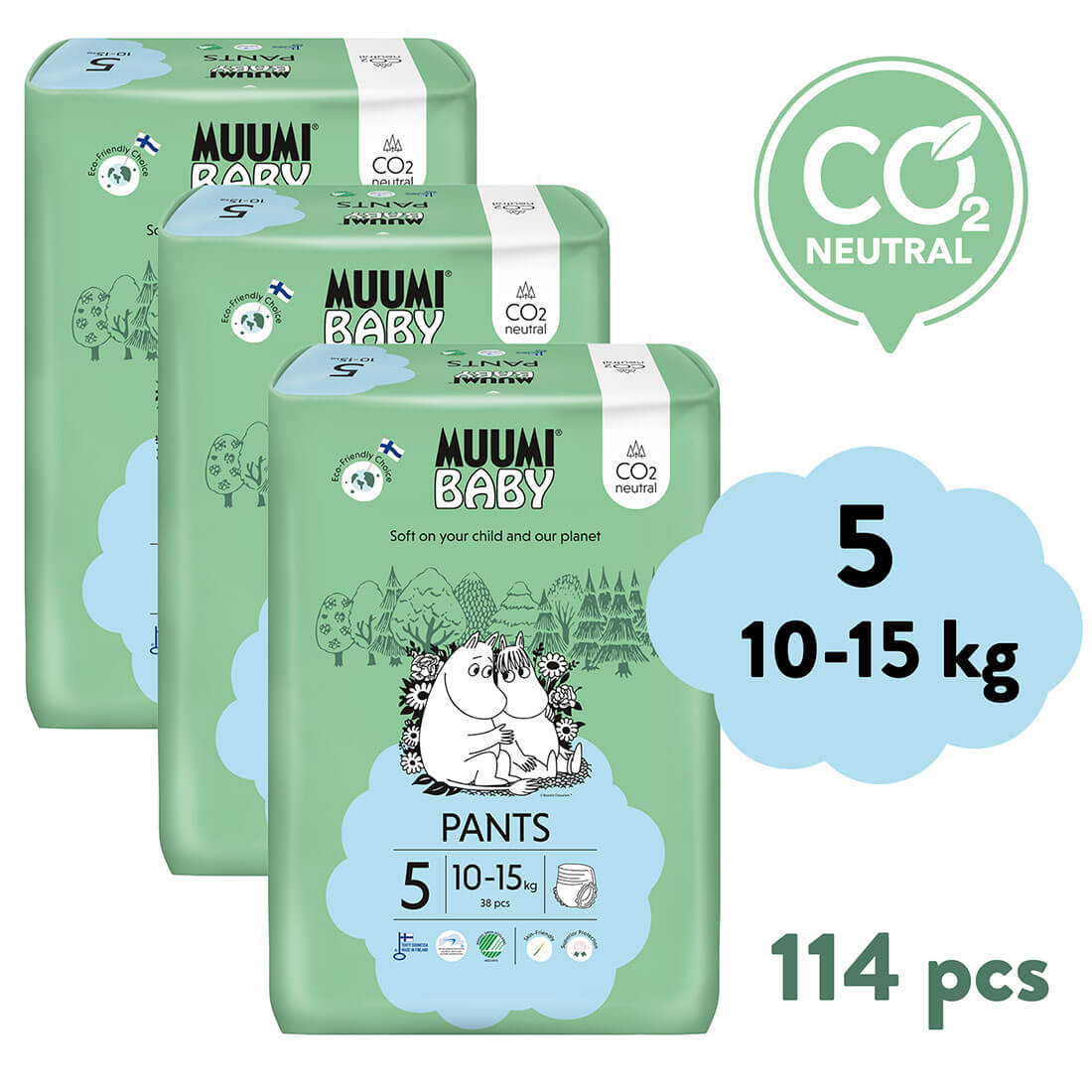 Muumi Baby Pants 5 Maxi+ 10-15 kg (114 ks), měsíční balení kalhotkových eko plen Muumi Baby Pants 5 Maxi+ 10-15 kg (114 ks), měsíční balení kalhotkových eko plen