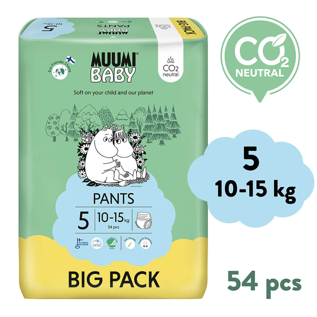 Muumi Baby Pants 5 Maxi+ 10–15 kg (54 ks), kalhotkové eko pleny