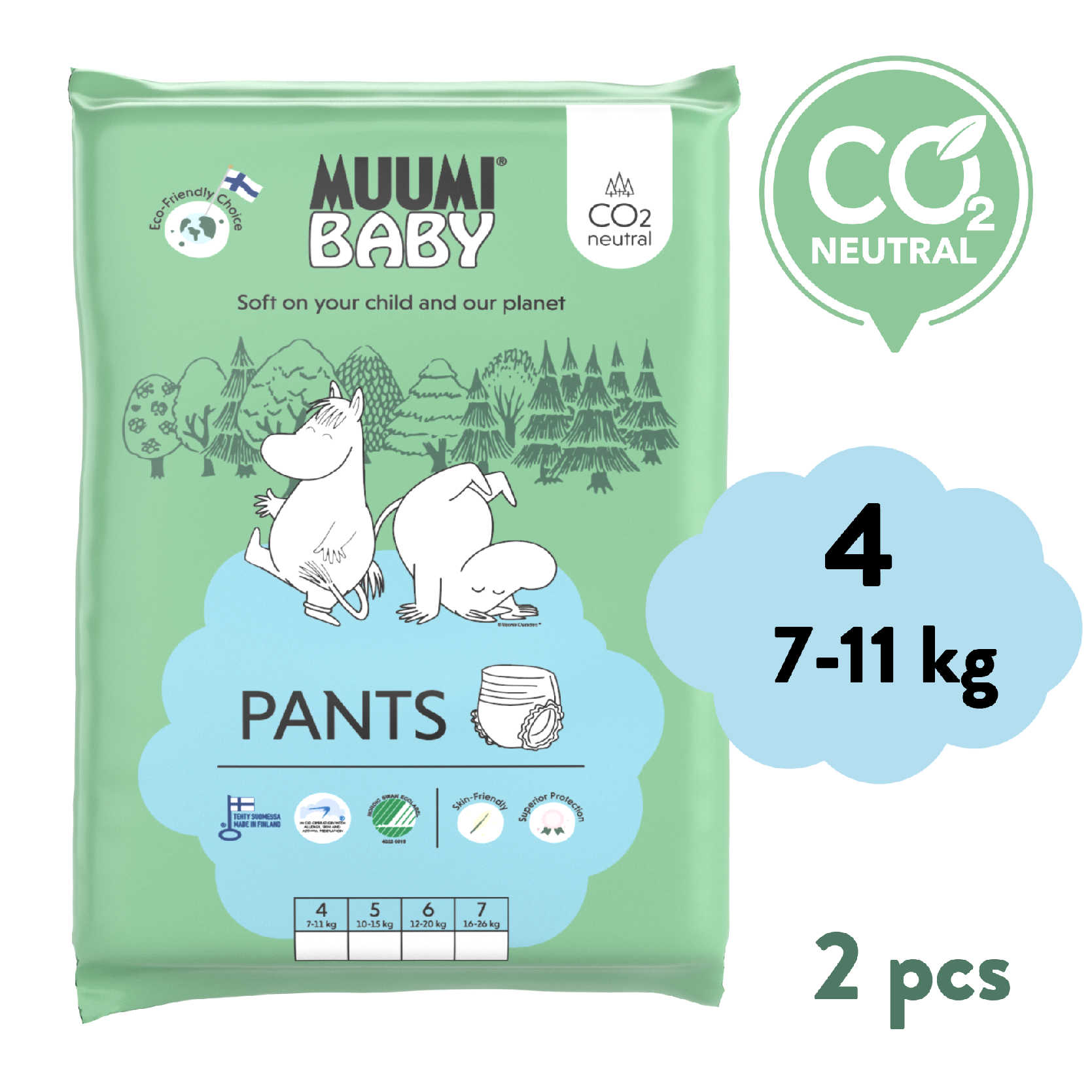 Muumi Baby Pants 4 Maxi 7-11 kg (2 ks), kalhotkové eko pleny Muumi Baby Pants 4 Maxi 7-11 kg (2 ks), kalhotkové eko pleny