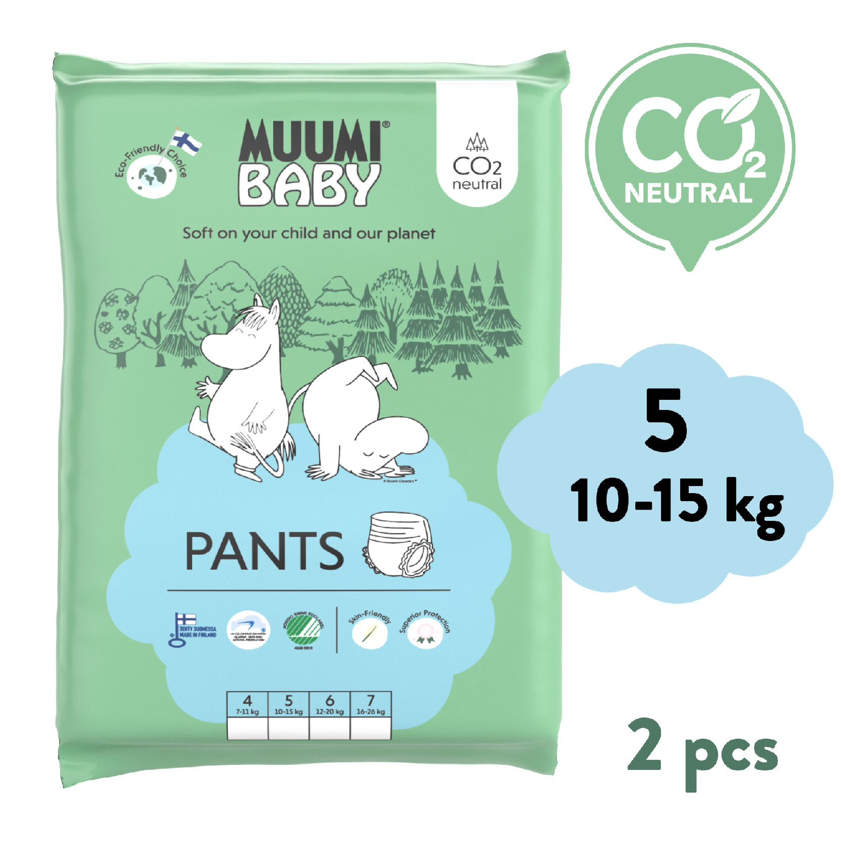 Muumi Baby Pants 5 Maxi+ 10-15 kg (2 ks), kalhotkové eko pleny Muumi Baby Pants 5 Maxi+ 10-15 kg (2 ks), kalhotkové eko pleny