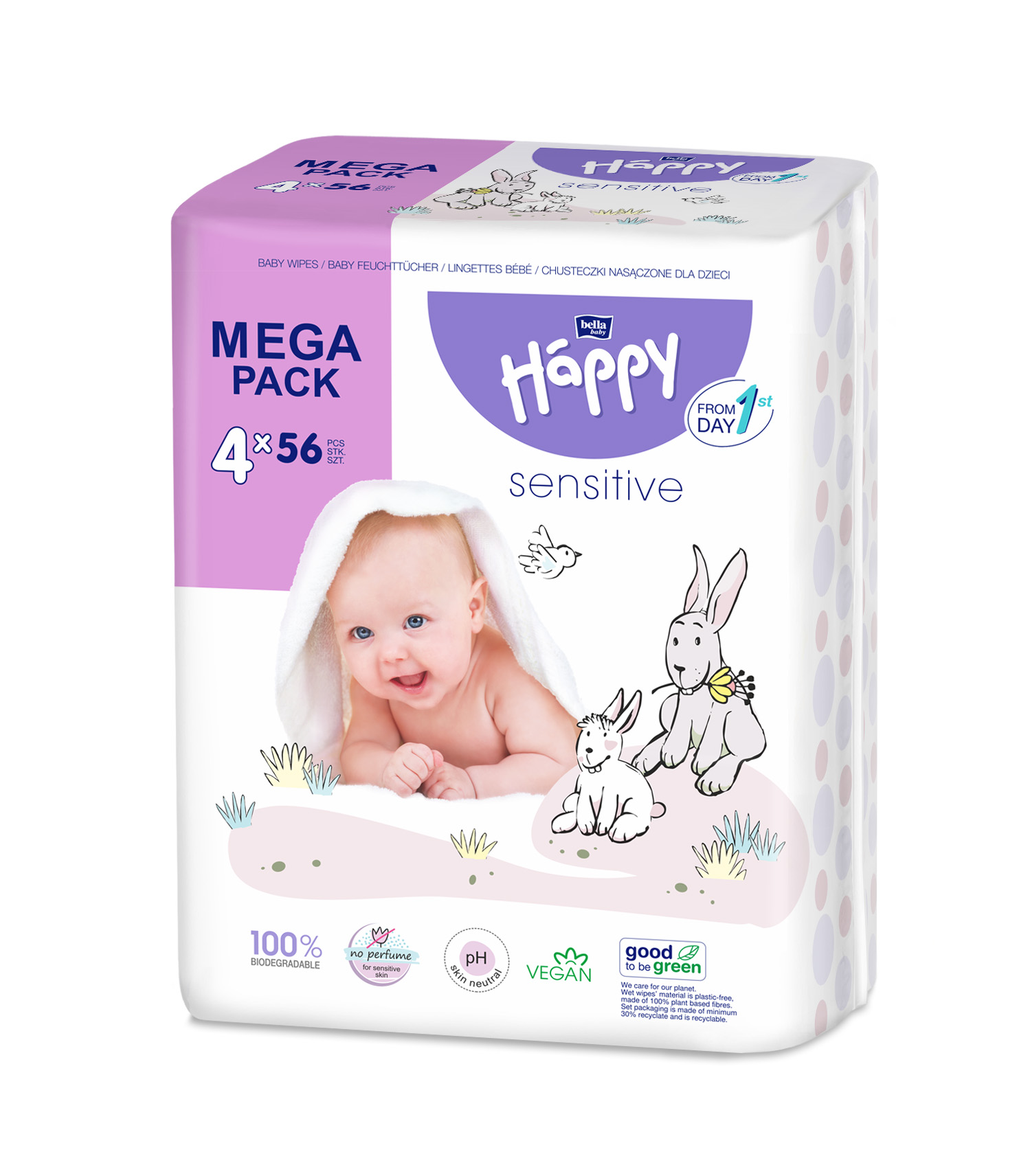 Bella Happy Baby Megapack čisticích ubrousků Sensitive (4× 56 ks)