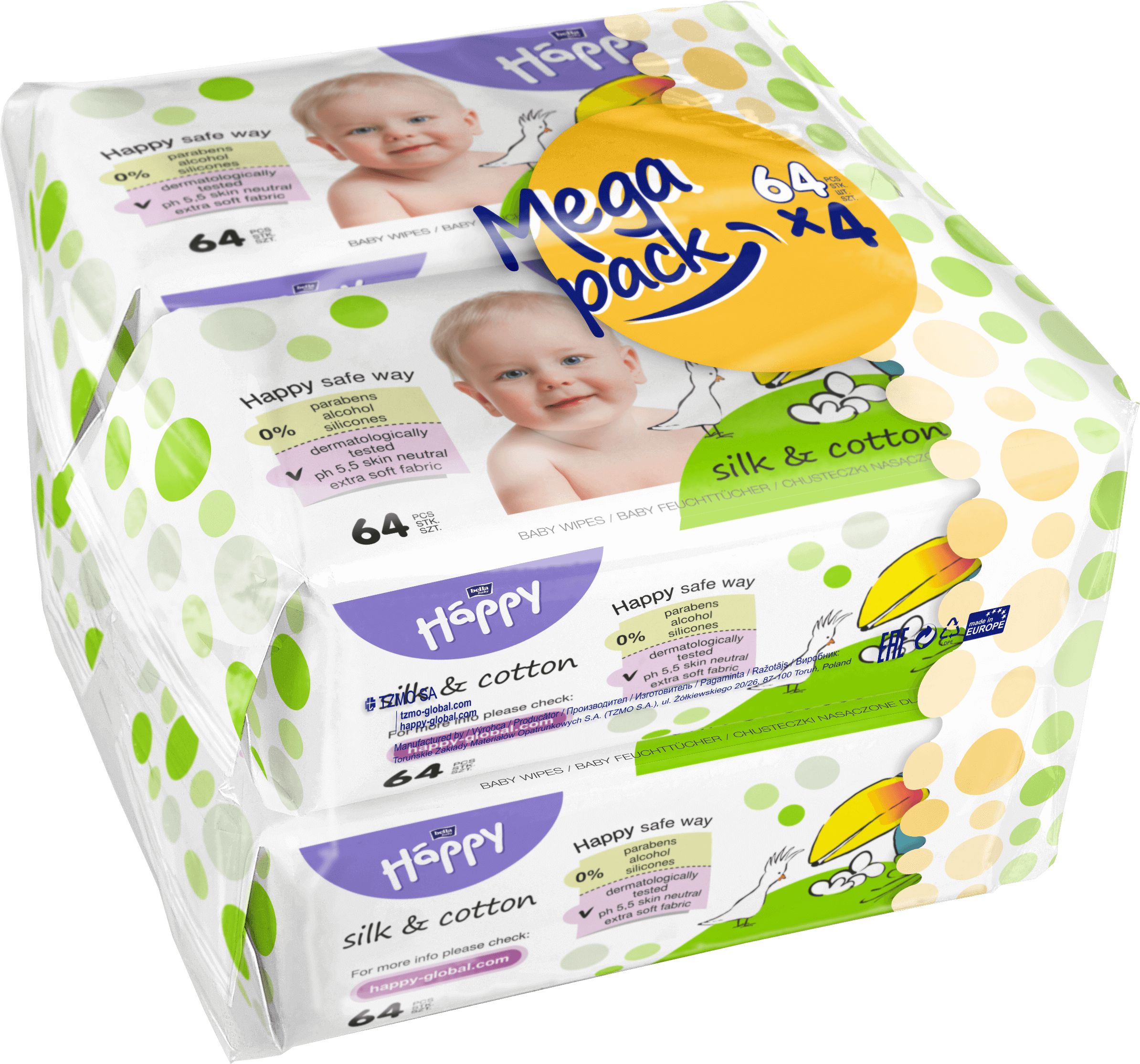 Bella Happy Baby Megapack čisticích ubrousků Hedvábí a bavlna (4× 64 ks)