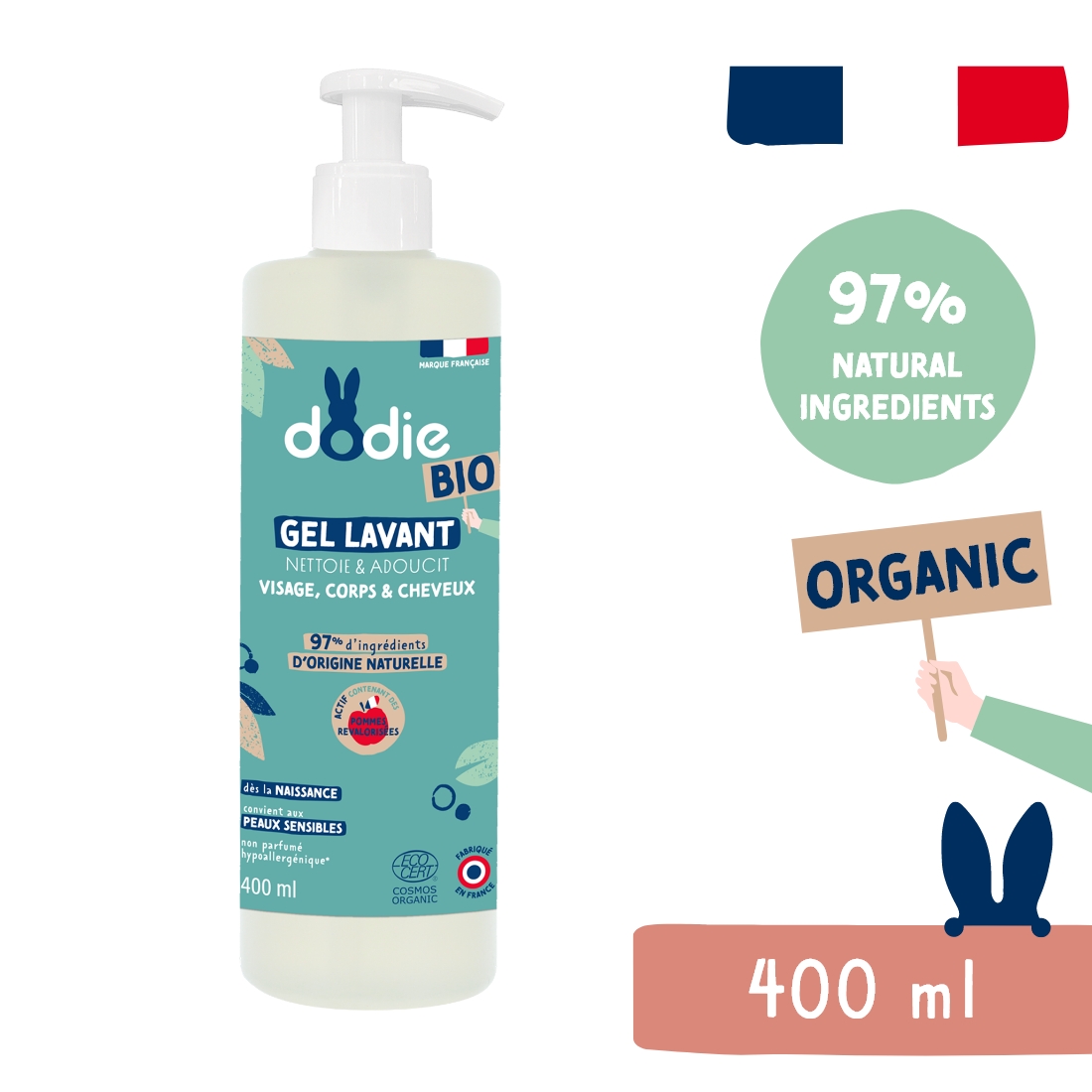 Dodie Organic Dětský mycí gel na vlasy, tělo a obličej 3v1 (400 ml)