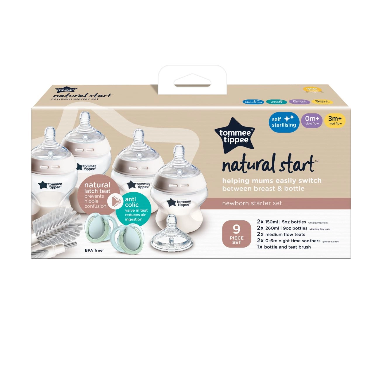 Tommee Tippee Natural Start Anti-Colic Novorozenecký Starter Kit Samosterilizačních lahviček, 0m+, Bílá