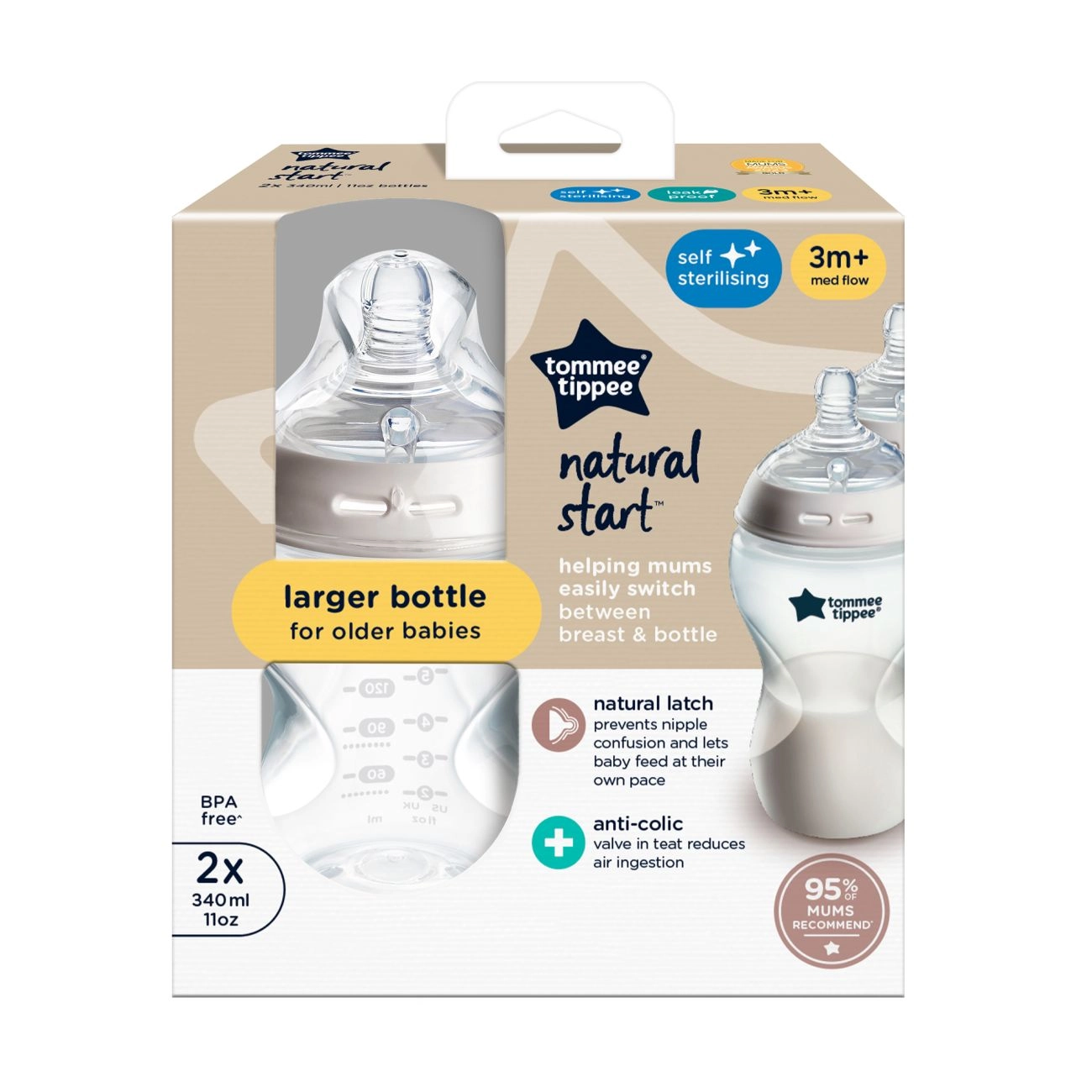 Tommee Tippee Natural Start Samosterilizační Kojenecká Lahev s Anti-Colic savičkou Střední Průtok 340 ml 3m+, 2 ks