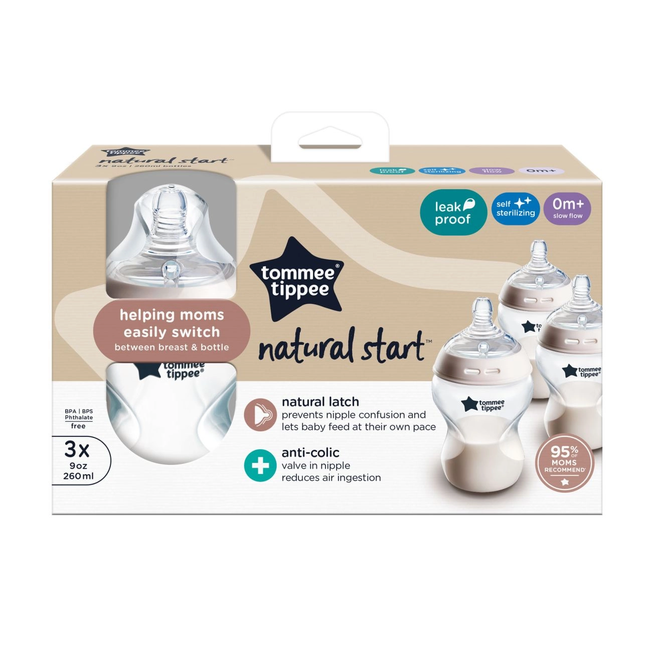 Tommee Tippee Natural Start Samosterilizační Kojenecká Lahev s Anti-Colic savičkou Pomalý Průtok 260 ml 0m+, 3 ks