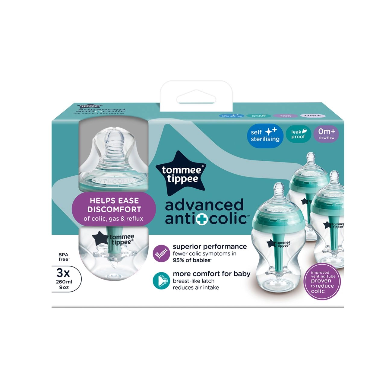 Tommee Tippee Advanced Anti-Colic Samosterilizační Kojenecká Lahev  Pomalý Průtok 260 ml 0m+, 3 ks