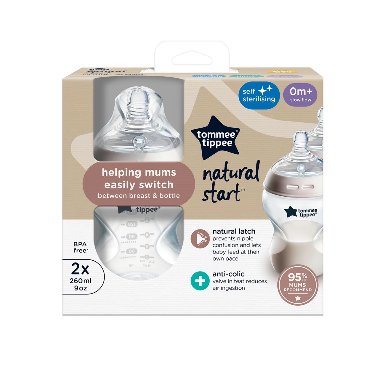 Tommee Tippee Natural Start Samosterilizační Kojenecká Lahev s Anti-Colic savičkou Pomalý Průtok 260 ml 0m+, 2 ks