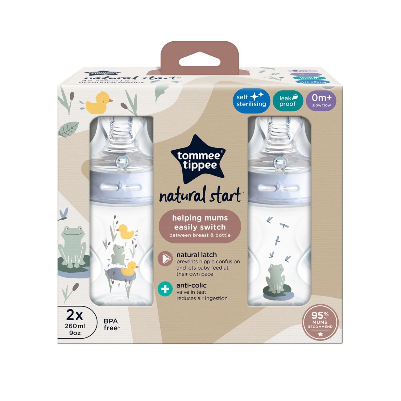 Tommee Tippee Natural Start Samosterilizační Kojenecká Lahev s Anti-Colic savičkou Pomalý Průtok, 260 ml 0m+, Žabička, 2 ks