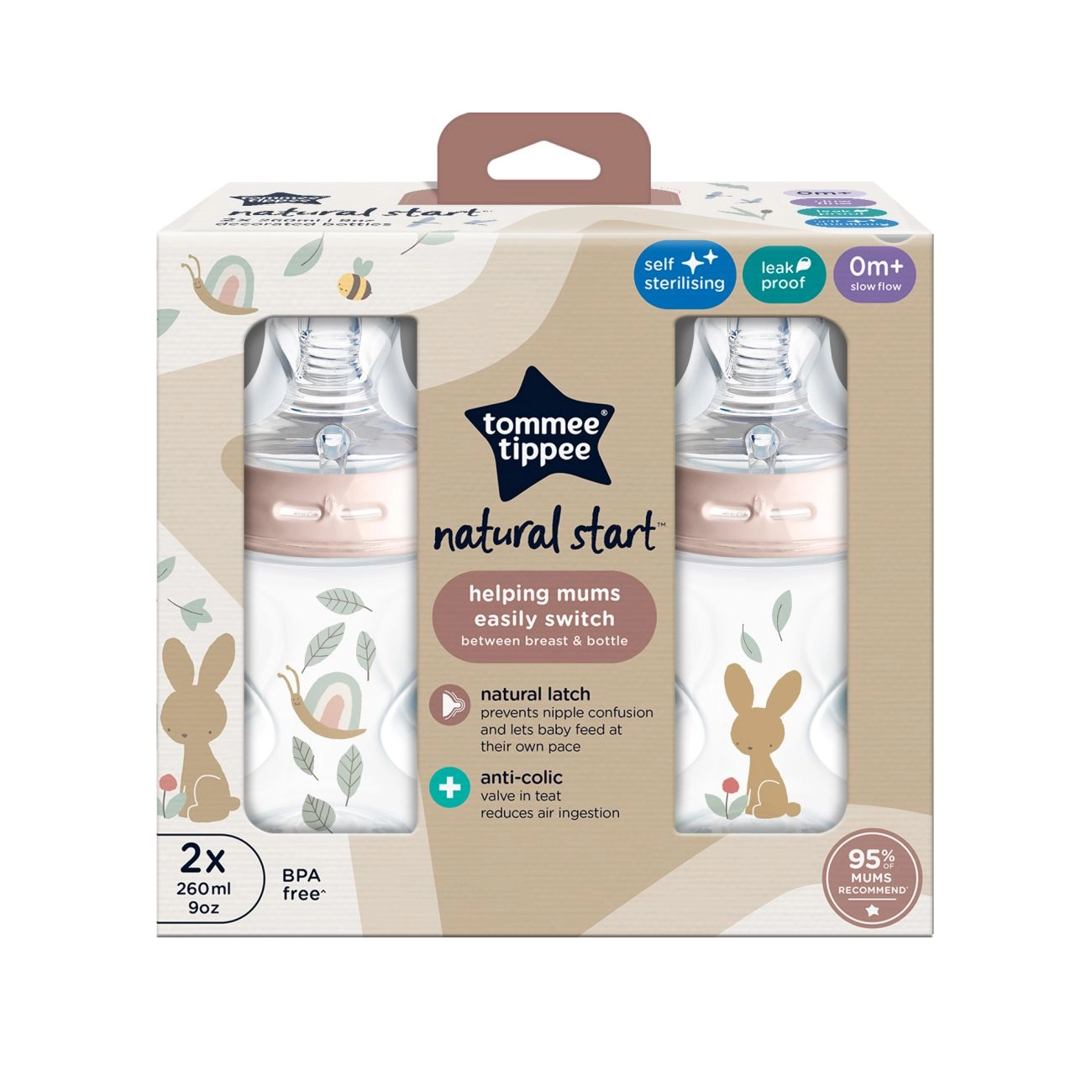 Tommee Tippee Natural Start Samosterilizační Kojenecká Lahev s Anti-Colic savičkou Pomalý Průtok 260 ml 0m+, Růžová s potiskem, 2 ks