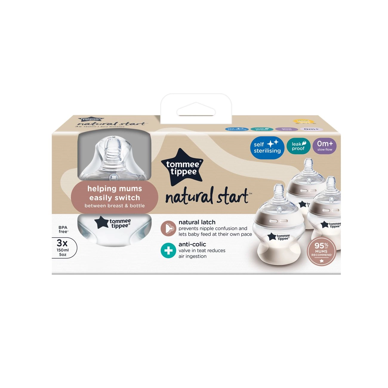 Tommee Tippee Natural Start Samosterilizační Kojenecká Lahev s Anti-Colic savičkou Pomalý Průtok 150 ml 0m+, 3 ks