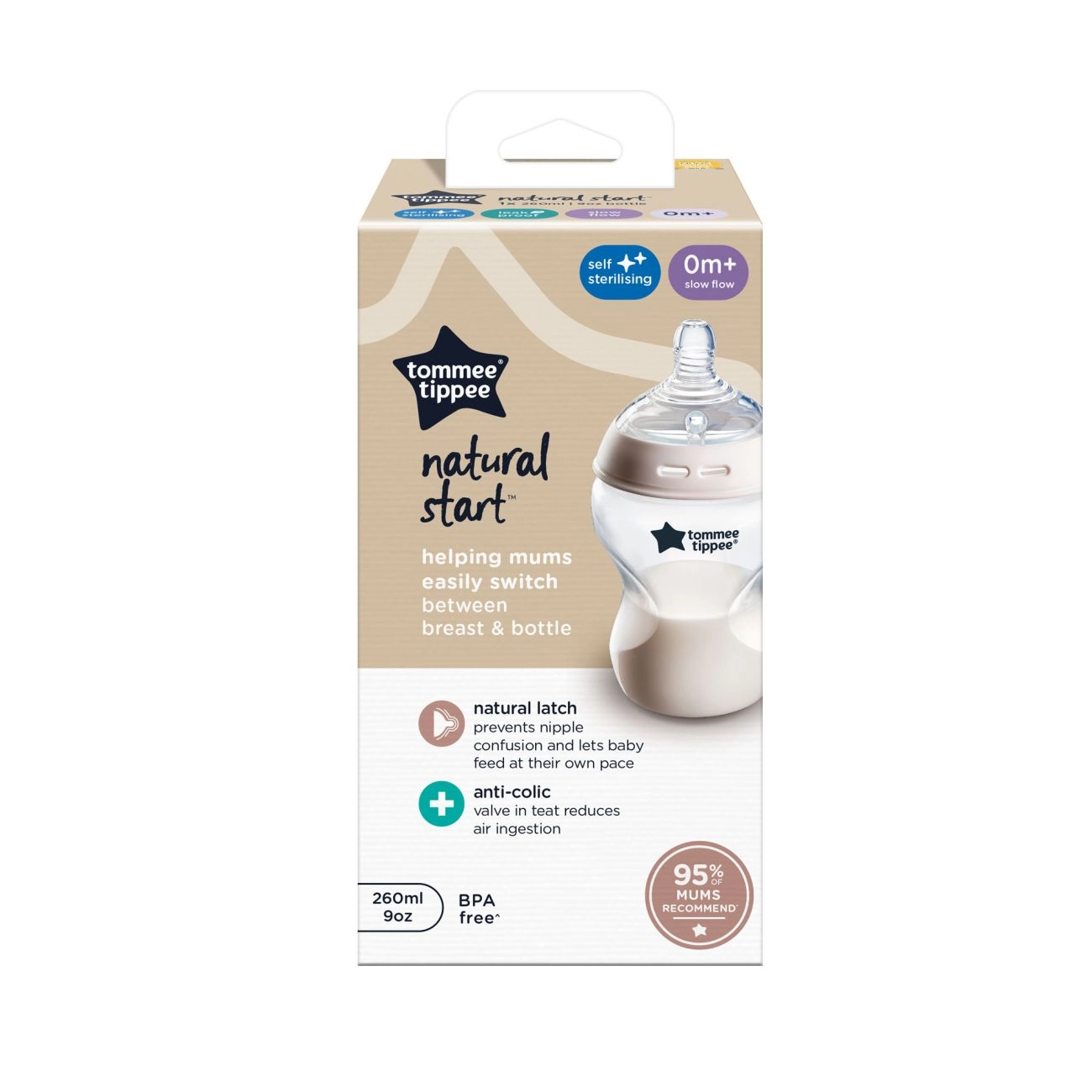 Tommee Tippee Natural Start Samosterilizační Kojenecká Lahev s Anti-Colic savičkou Pomalý Průtok 260 ml 0m+