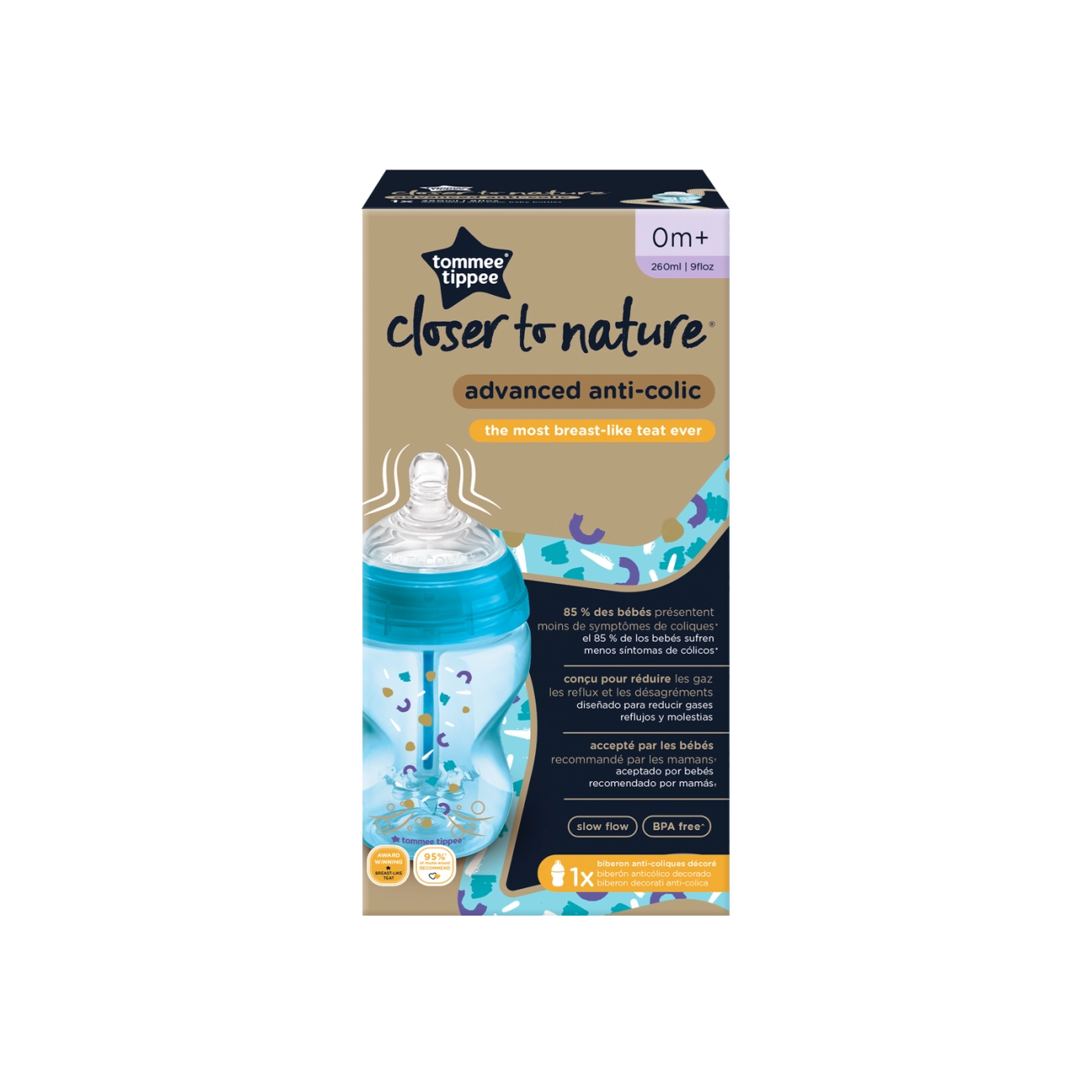 Tommee Tippee CTN Kojenecká Lahev ADVANCED ANTI-COLIC Pomalý Průtok 260 ml 0m+, Modrá