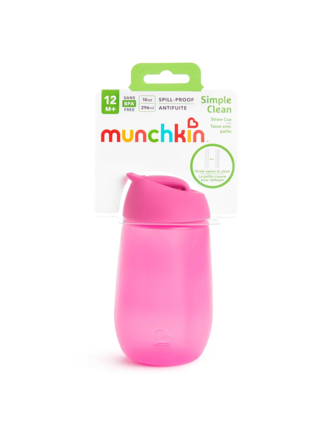 Munchkin Simple Clean lahvička s brčkem (296 ml), 12 m+, růžová