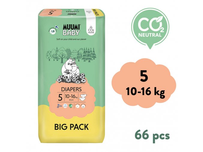 Muumi Baby 5 Maxi+ 10-16 kg (66 db), öko pelenka