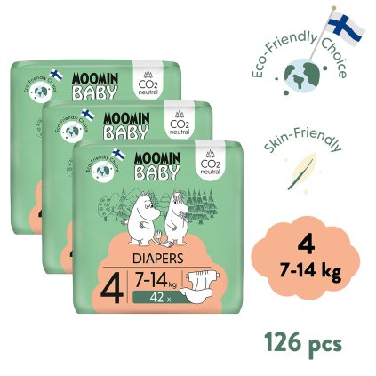 Moomin Baby 4 Maxi 7–14 kg (126 szt), miesięczne opakowanie eko pieluszek