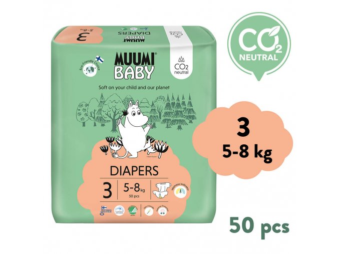 Muumi Baby 3 Midi 5–8 kg (50 szt), eko pieluszki