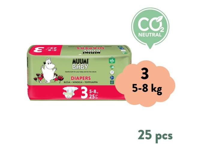 Muumi Baby 3 Midi 5–8 kg (25 szt), eko pieluszki