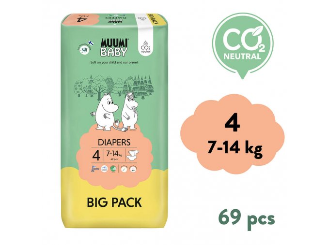 Muumi Baby 4 Maxi 7–14 kg (69 szt), eko pieluszki