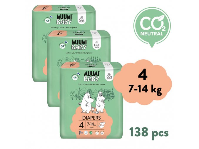 Muumi Baby 4 Maxi 7–14 kg (138 szt), miesięczne opakowanie eko pieluszek