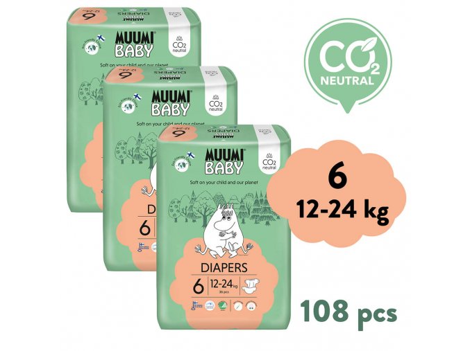 Muumi Baby 6 Junior 12–24 kg (108 szt), miesięczne opakowanie eko pieluszek