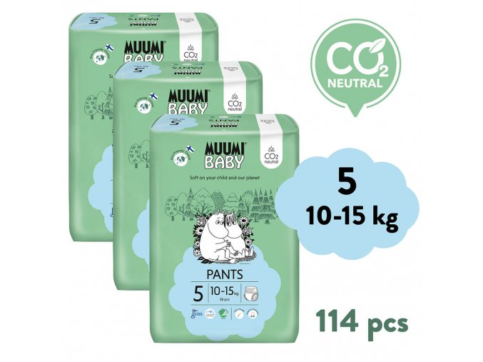 Muumi Baby Pants 5 Maxi+ 10-15 kg (114 szt), miesięczne opakowanie eko pieluchomajtek