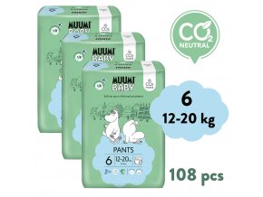 Muumi Baby Pants 6 Junior 12-20 kg (108 szt), miesięczne opakowanie eko pieluchomajtek