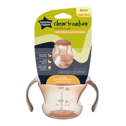 Tommee Tippee Transition Cup netekoucí hrnček so savičkou a mäkkým silikónovým slamkou, 150 ml, červená
