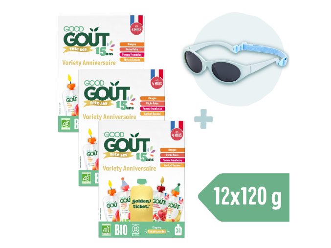 3× Good Goût BIO Ovocný Jackpot (4×120 g) + Dodie slnečné okuliare (0 – 18 mes.), modré
